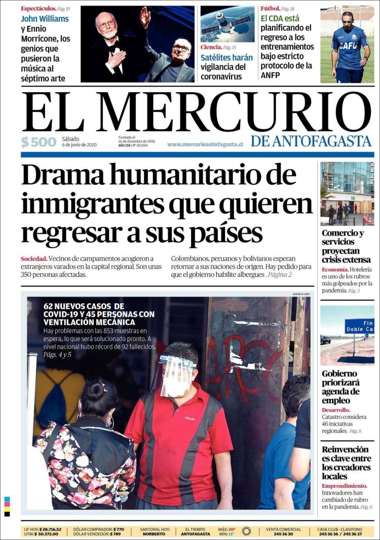 Portada de El Mercurio de Antofagasta (Chile)