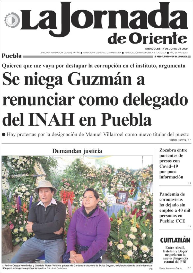 Portada de La Jornada de Oriente - Puebla (México)