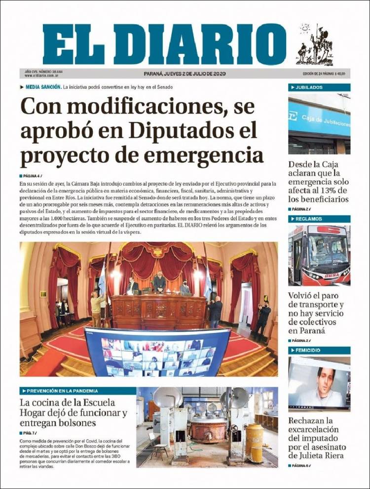 Portada de El Diario de Paraná (Argentina)