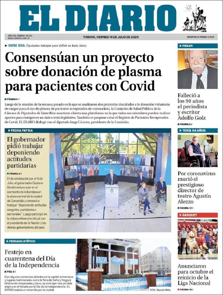 Portada de El Diario de Paraná (Argentina)
