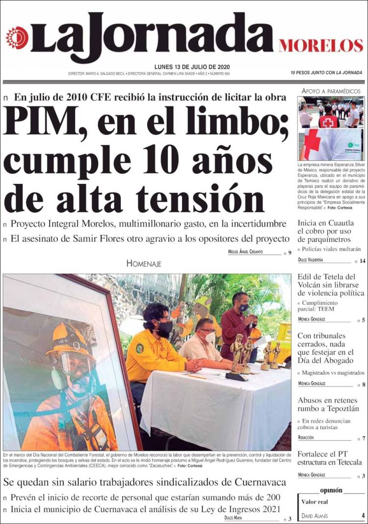 Portada de La Jornada - Morelos (México)