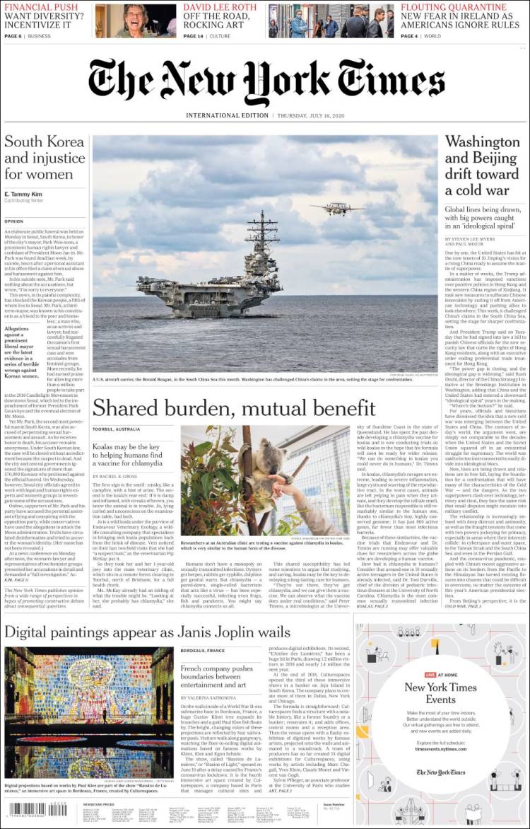 Portada de International New York Times (Europa)