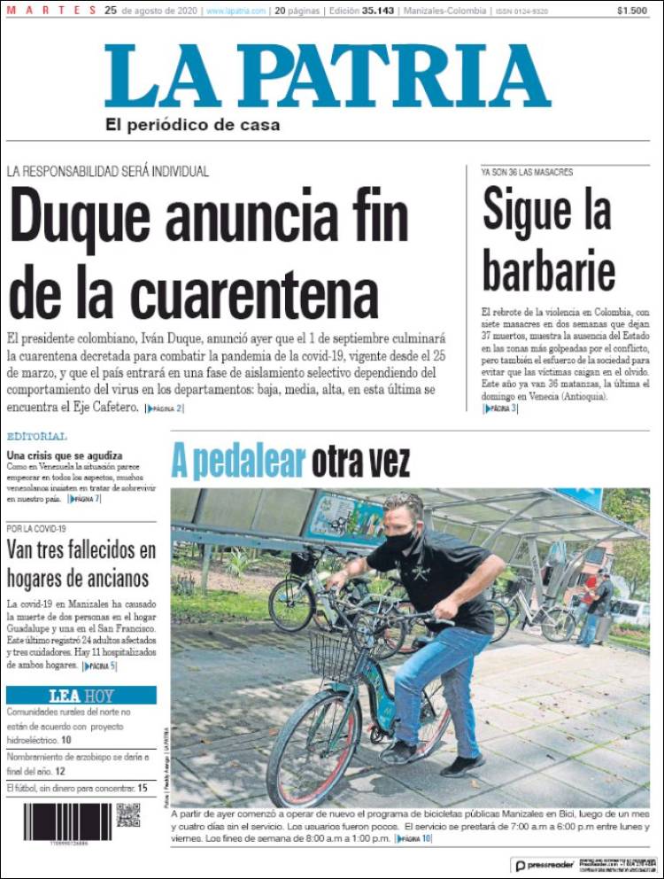 Portada de La Patria (Colombia)
