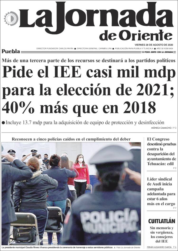 Portada de La Jornada de Oriente - Puebla (México)