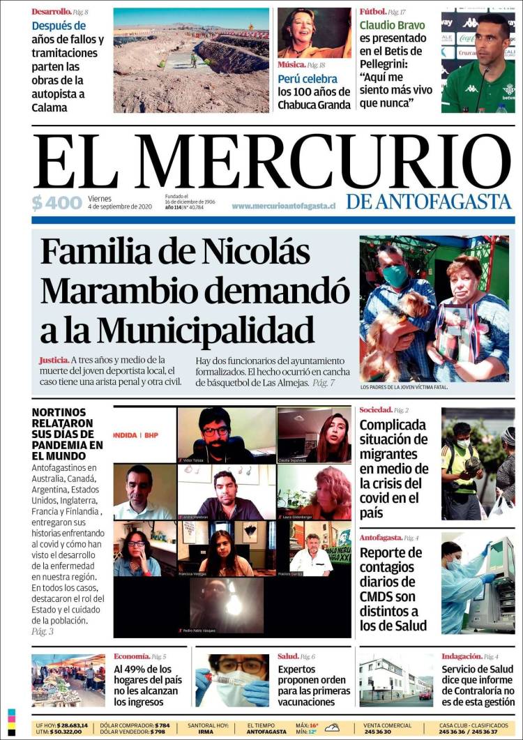 Portada de El Mercurio de Antofagasta (Chile)