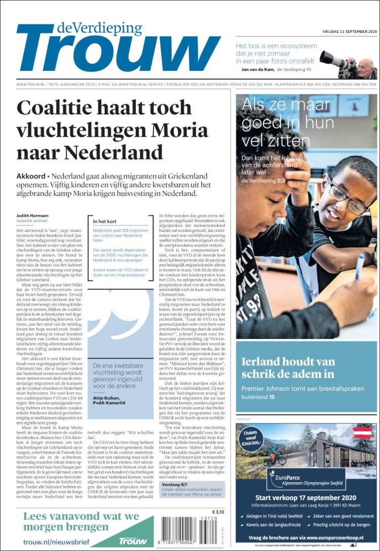 Portada de Trouw (Países Bajos)