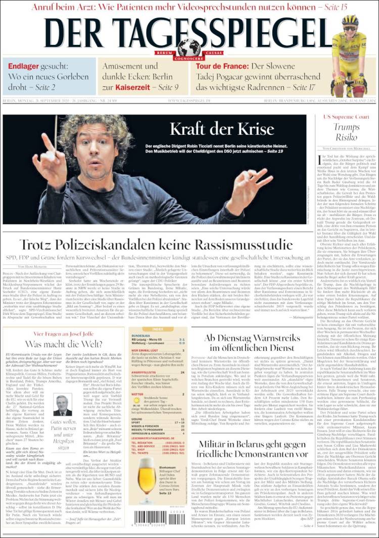Portada de Der Tagesspiegel (Alemania)