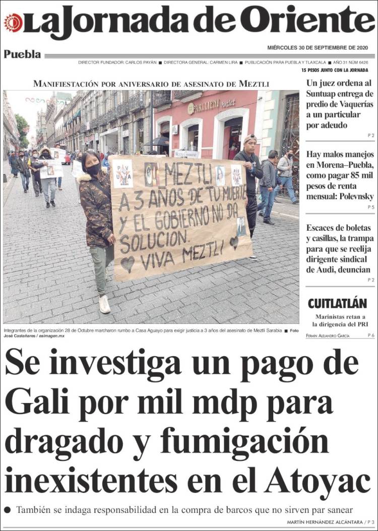 Portada de La Jornada de Oriente - Puebla (México)