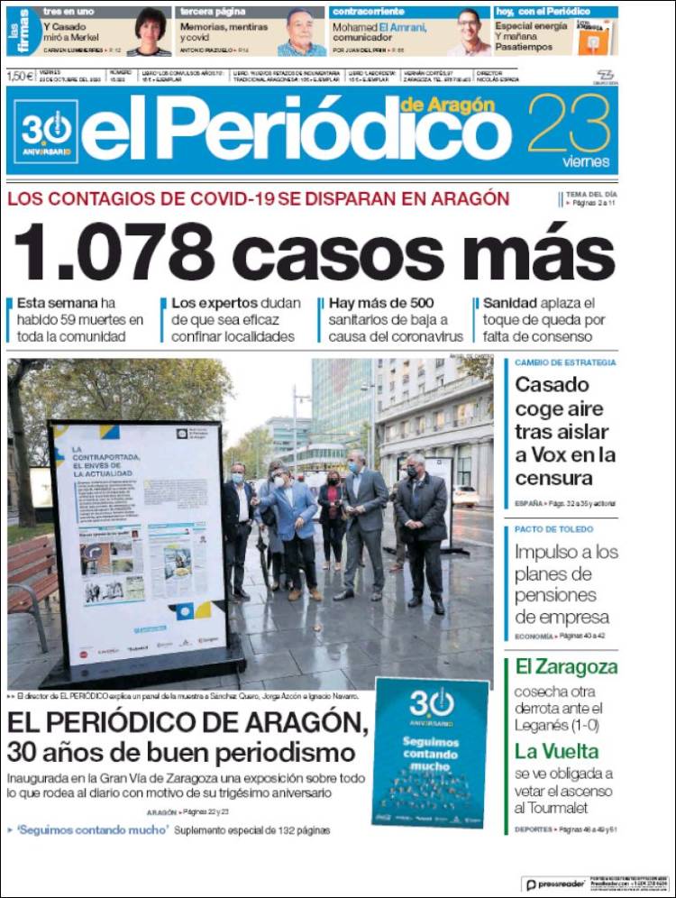 Portada de El Periódico de Aragón (España)