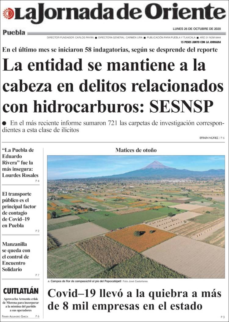 Portada de La Jornada de Oriente - Puebla (México)