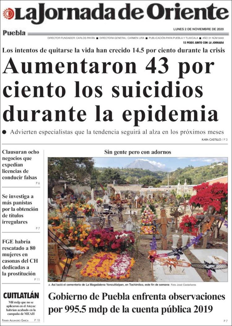 Portada de La Jornada de Oriente - Puebla (México)