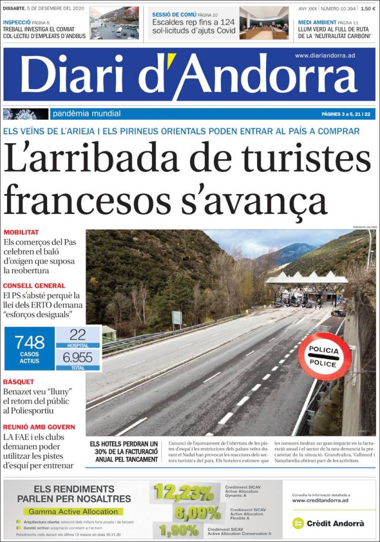 Portada de Diari d’Andorra (Andorra)