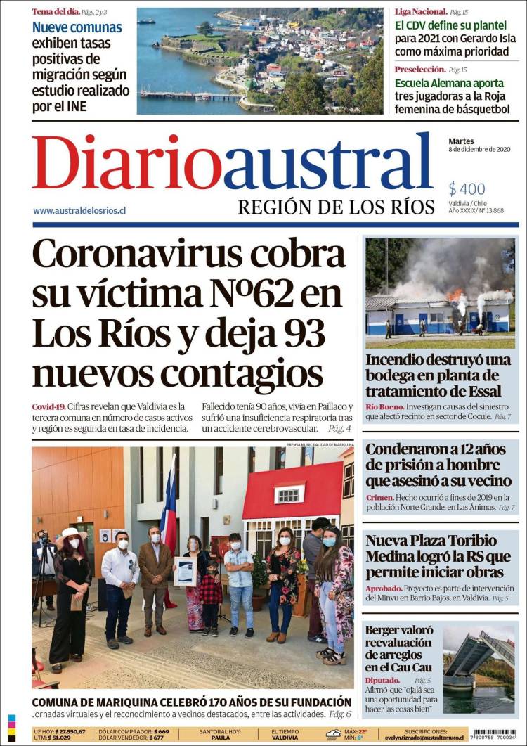 Portada de El Diario Austral de Valdivia (Chile)