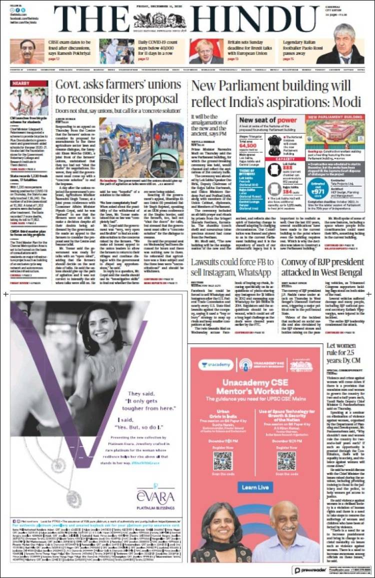 Portada de The Hindu (India)