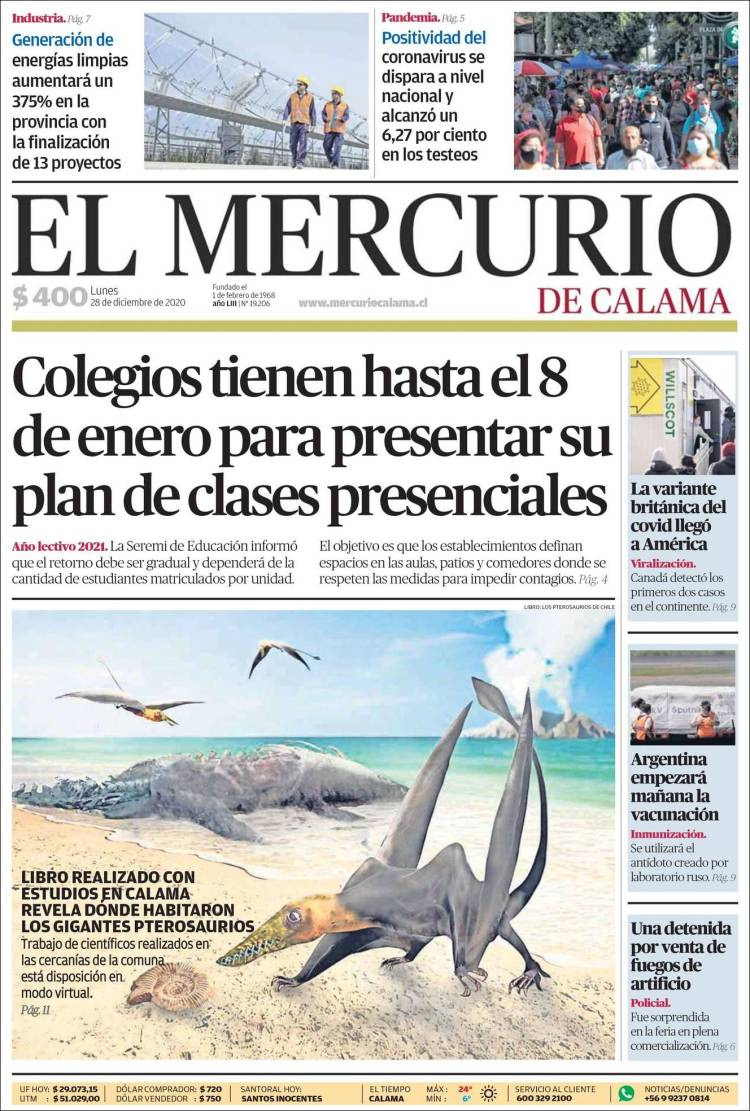 Portada de El Mercurio - Calama (Chile)