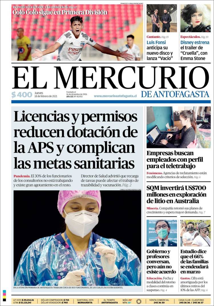 Portada de El Mercurio de Antofagasta (Chile)