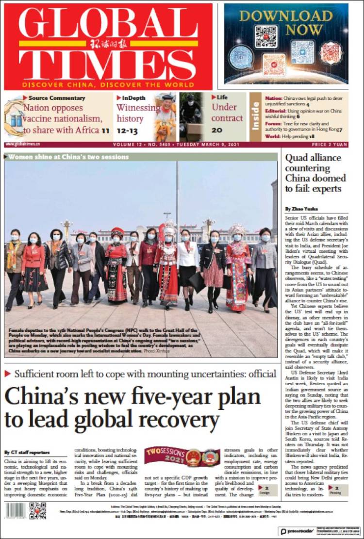 Portada de The Global Times (Chine)