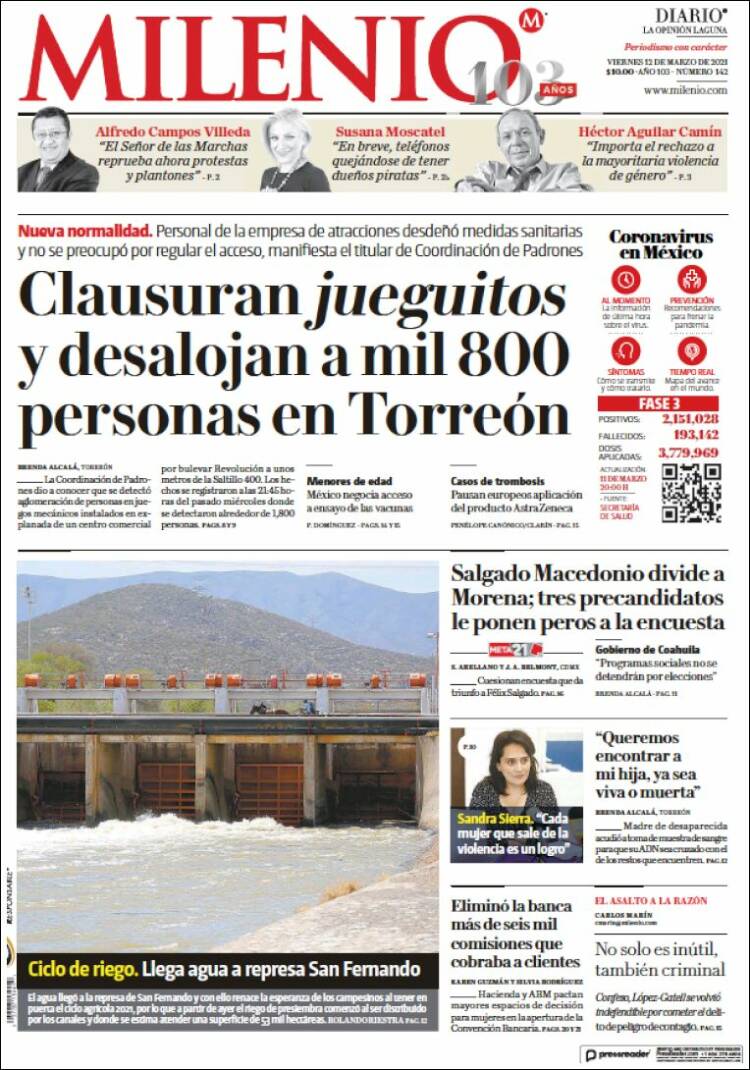 Portada de Milenio - Laguna (México)