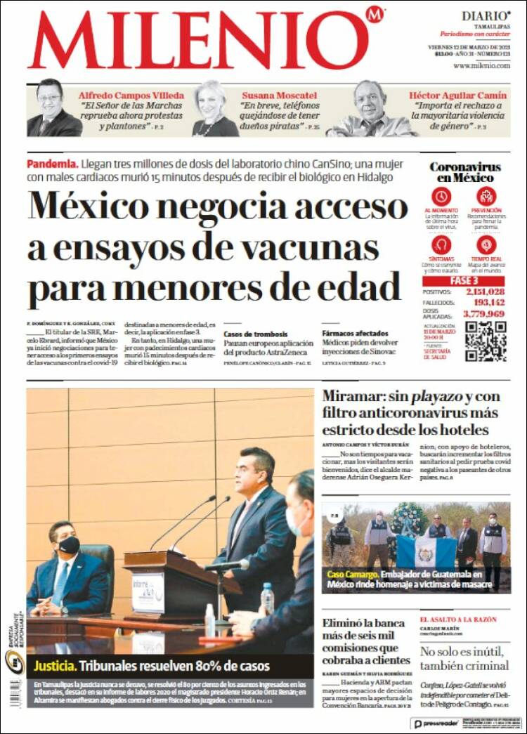 Portada de Milenio - Tamaulipas (México)
