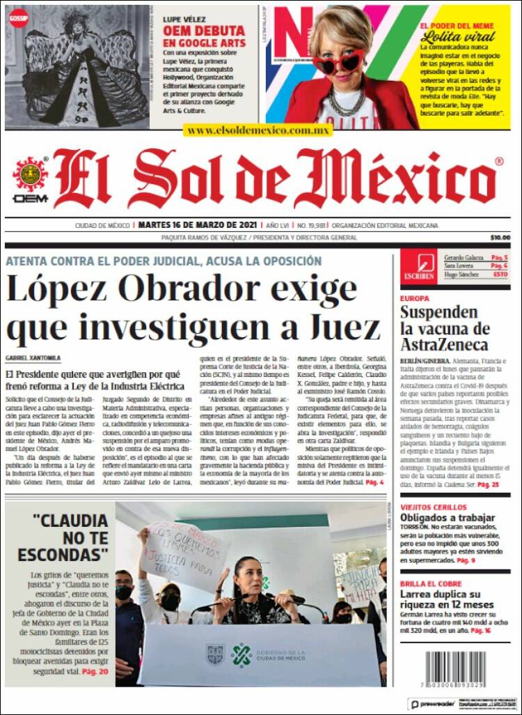 Portada de El Sol de México (México)