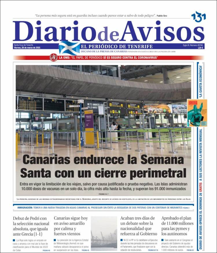 Portada de Diarios de Avisos (España)