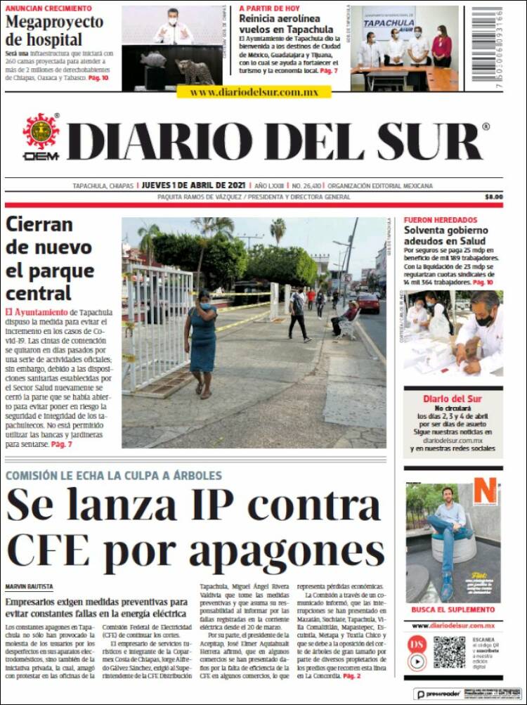 Portada de El Diario del Sur (México)