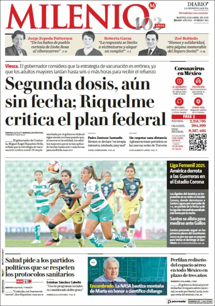 Portada de Milenio - Laguna (México)
