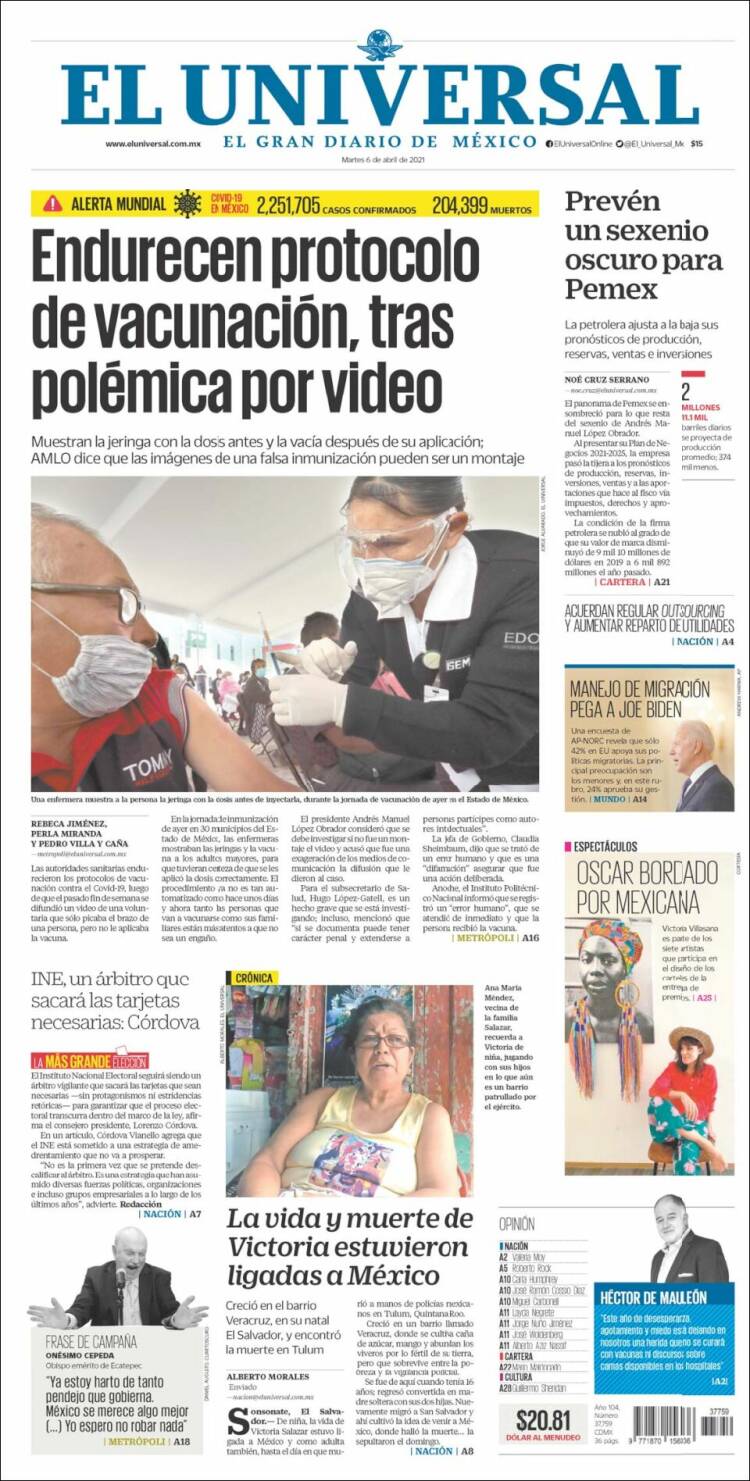 Portada de El Universal (México)