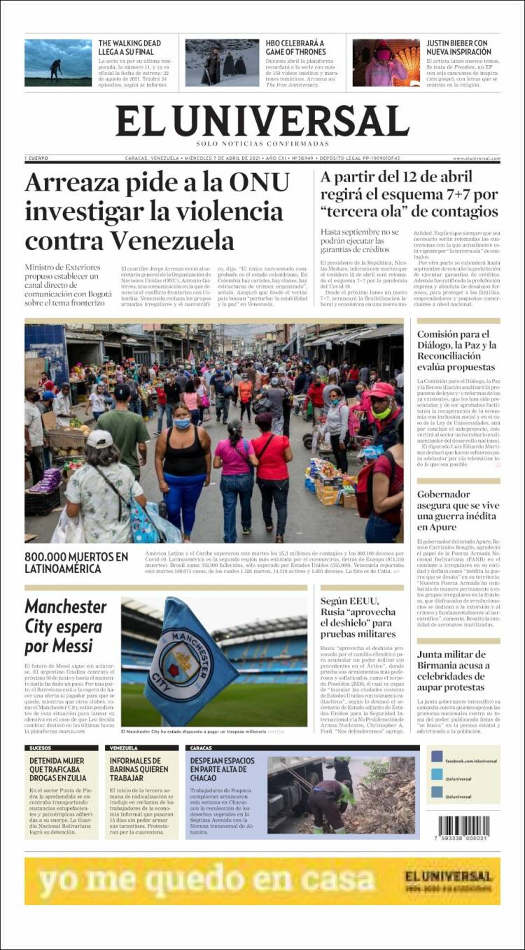 Portada de Universal (Venezuela)