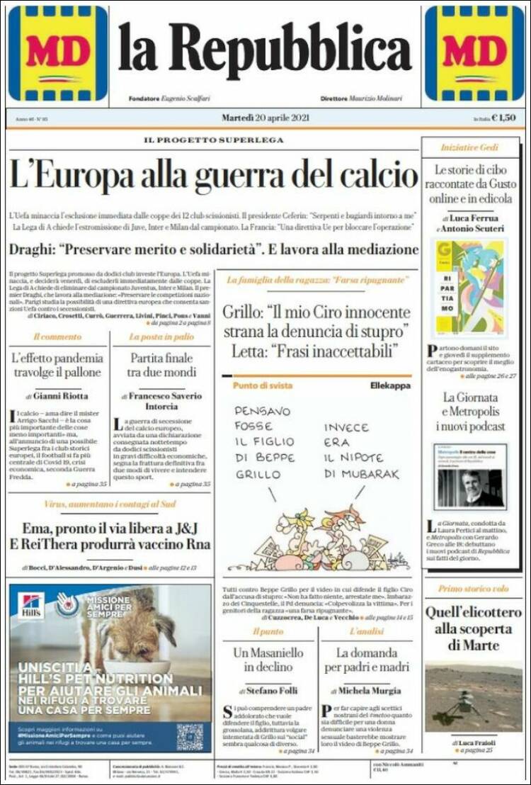 Portada de La Repubblica (Italia)