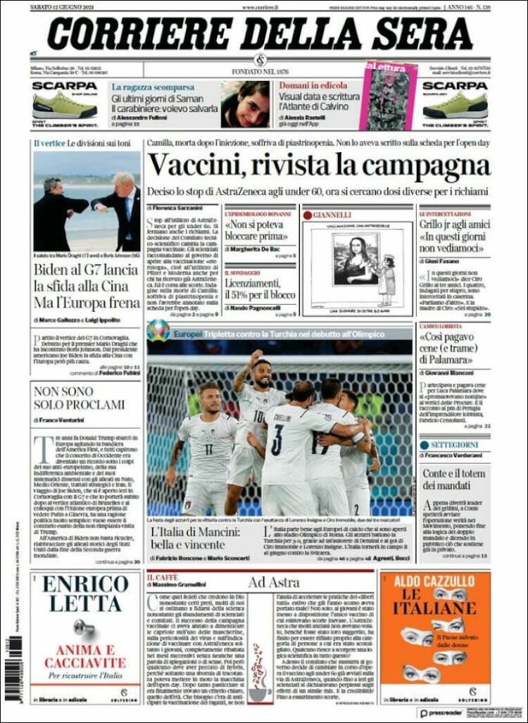 Portada de Corriere della Sera (Italie)