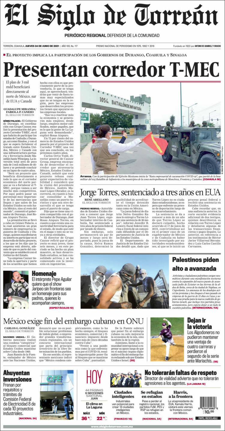 Portada de El Siglo de Torreon (México)