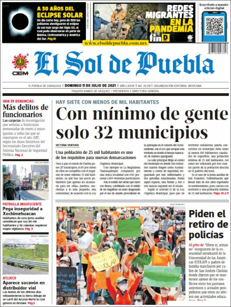 Portada de El Sol de Puebla (México)