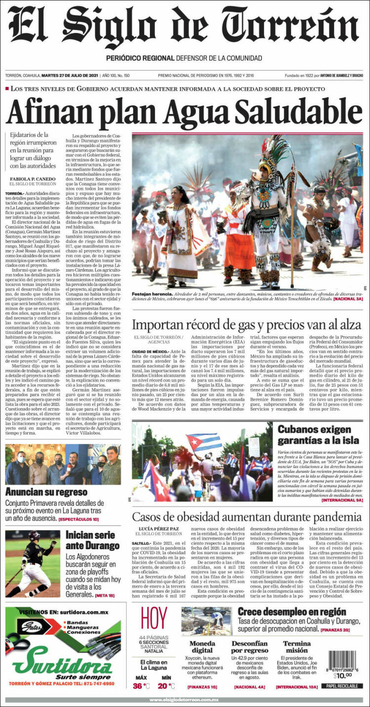 Portada de El Siglo de Torreon (México)