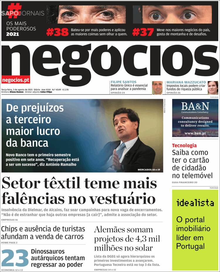 Portada de Jornal de Negócios (Portugal)