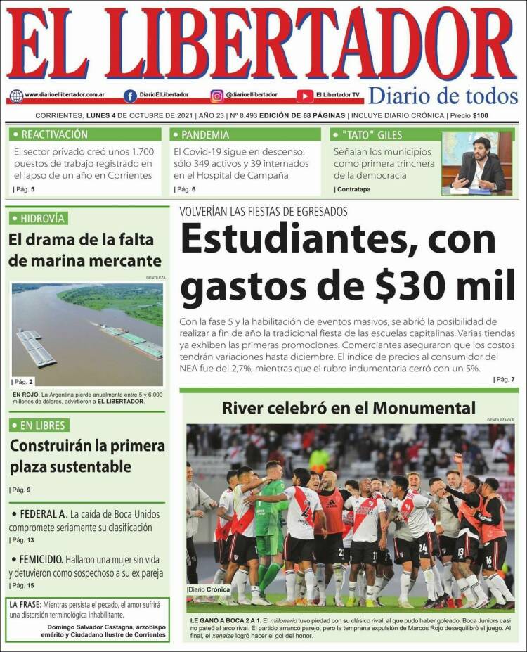 Portada de Diario El Libertador (Argentina)