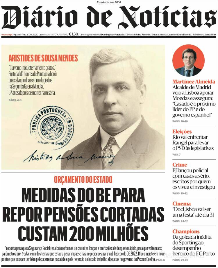 Portada de Diário de Noticias (Portugal)