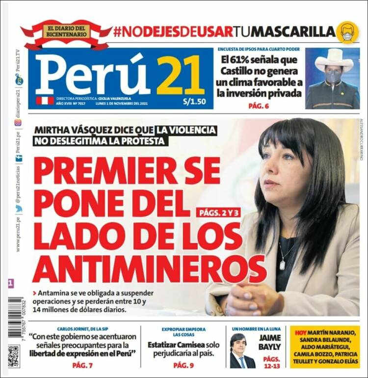 Portada de Perú 21 (Pérou)