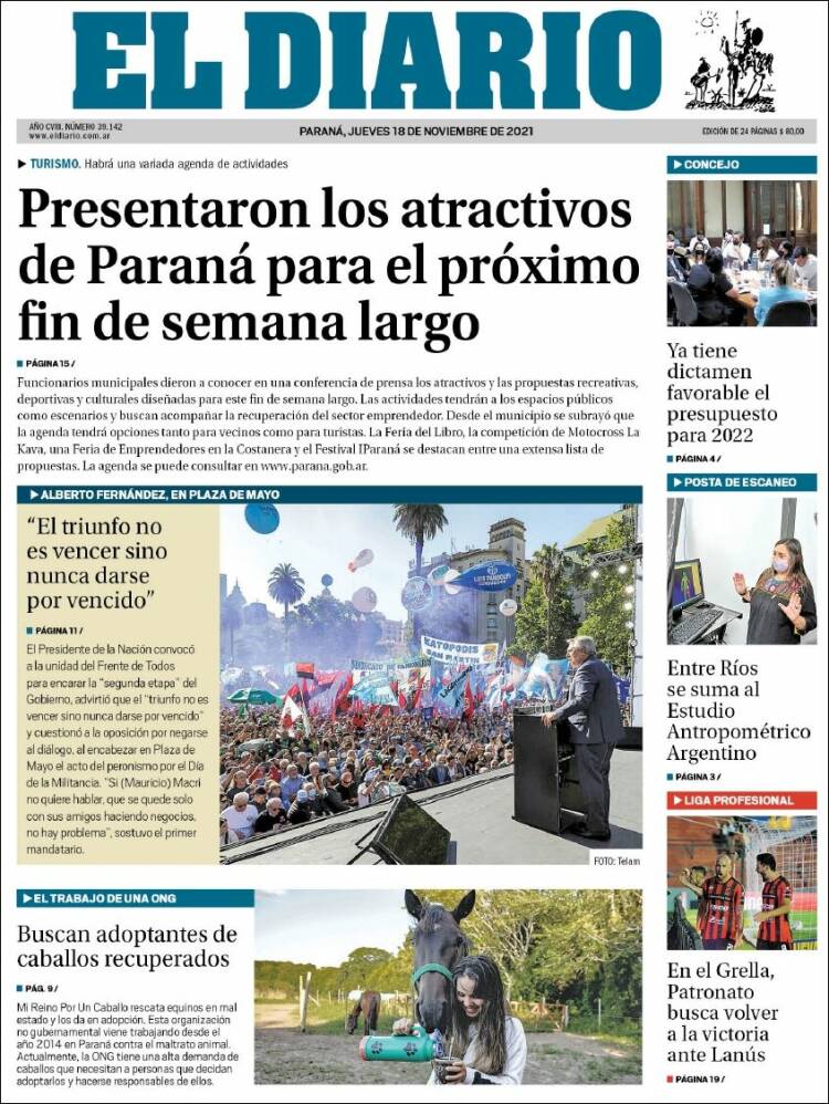 Portada de El Diario de Paraná (Argentina)