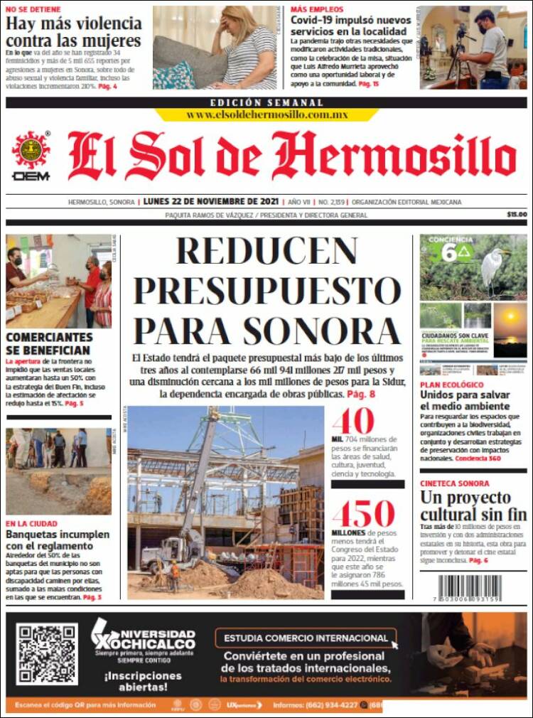 Portada de El Sol de Hermosillo (México)