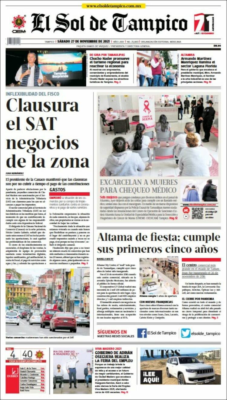 Portada de El Sol de Tampico (México)