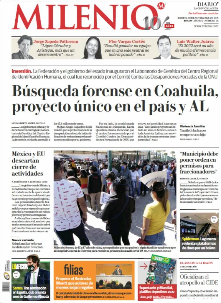 Portada de Milenio - Laguna (México)