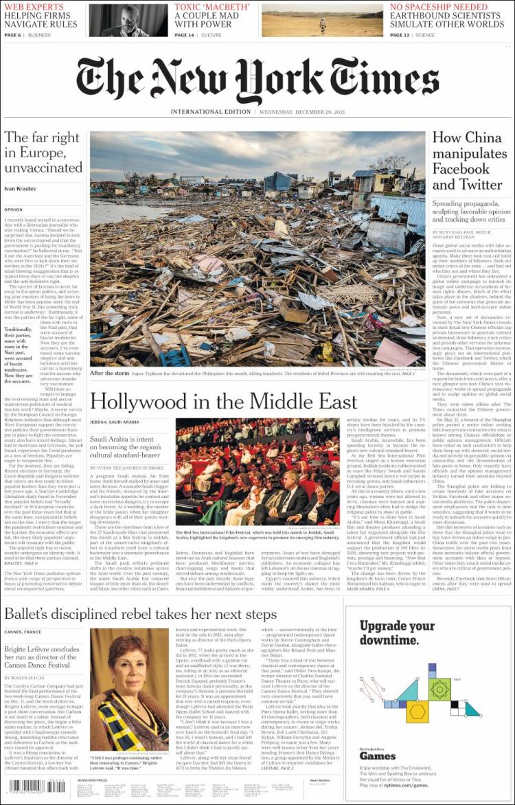 Portada de International New York Times (Europa)