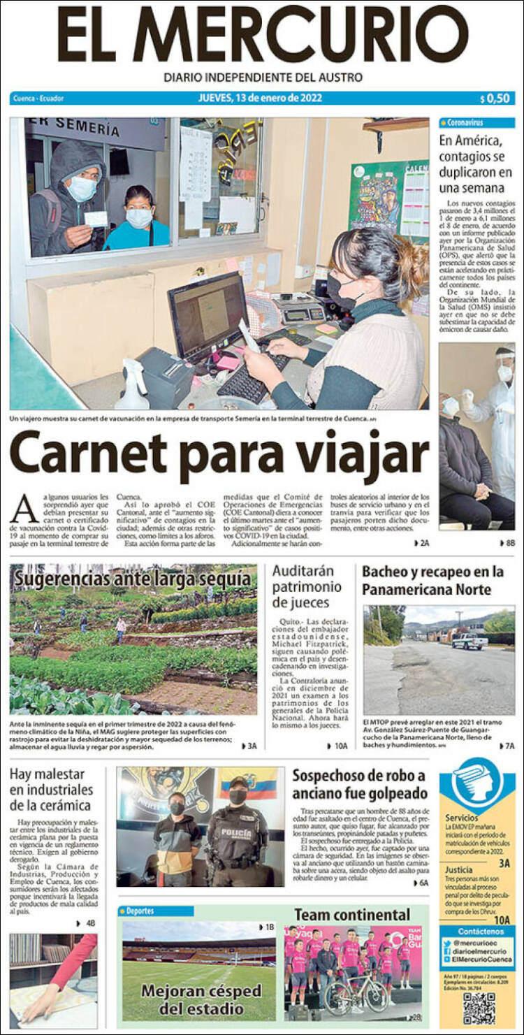 Portada de Diario El Mercurio (Ecuador)