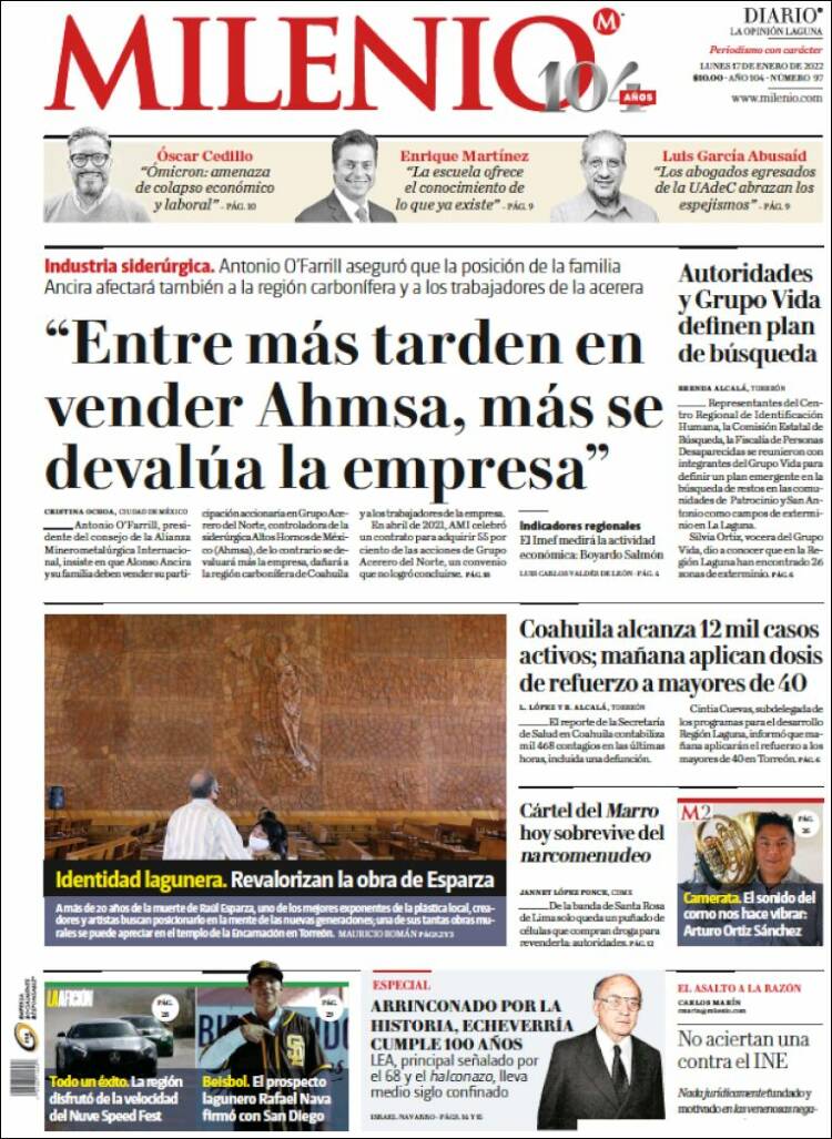 Portada de Milenio - Laguna (México)