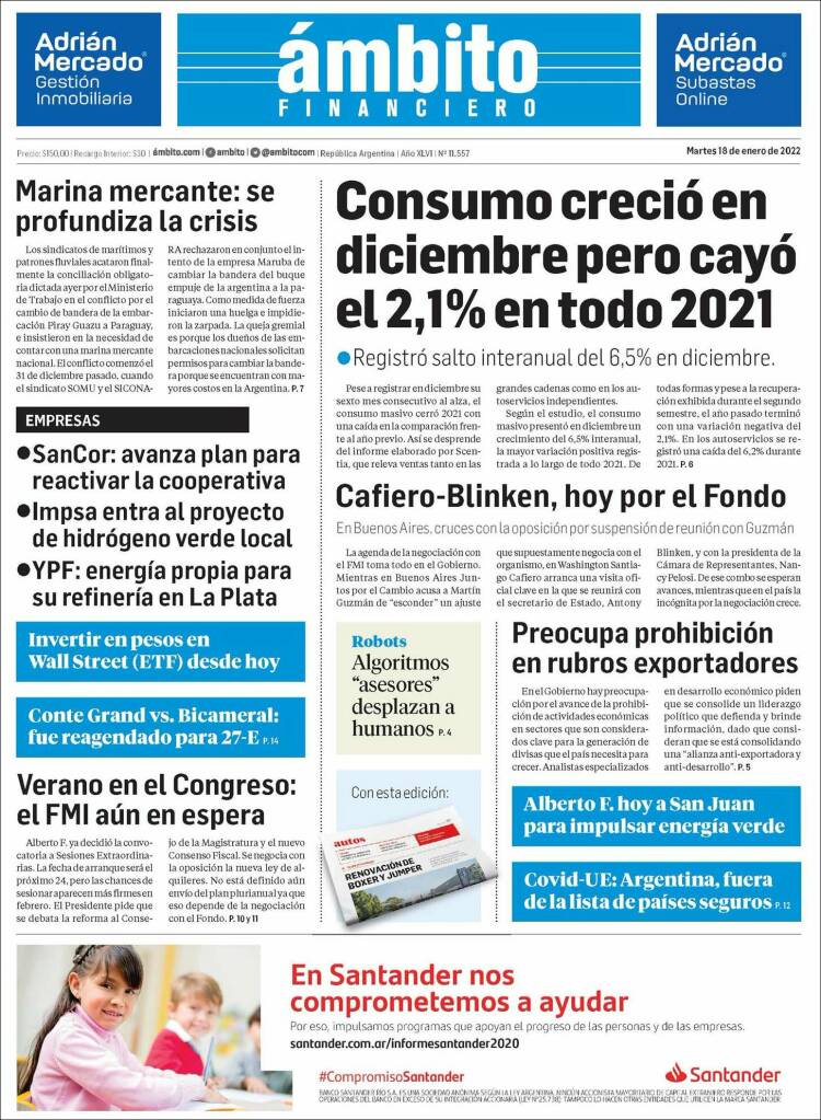 Portada de Diario Ambito Financiero (Argentina)