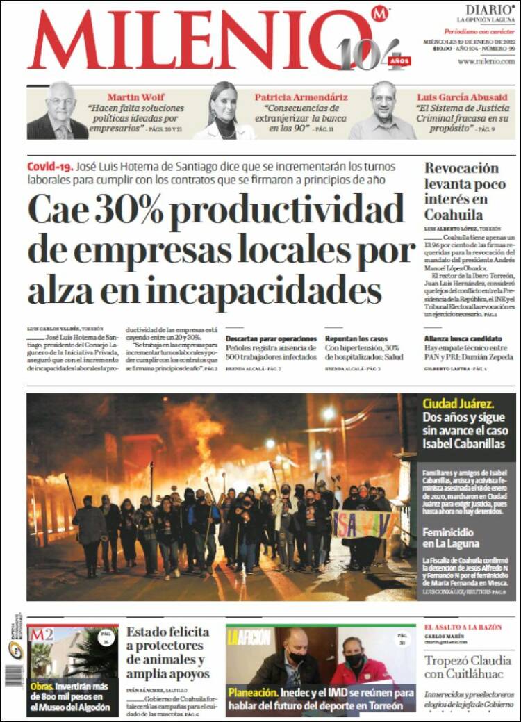 Portada de Milenio - Laguna (México)