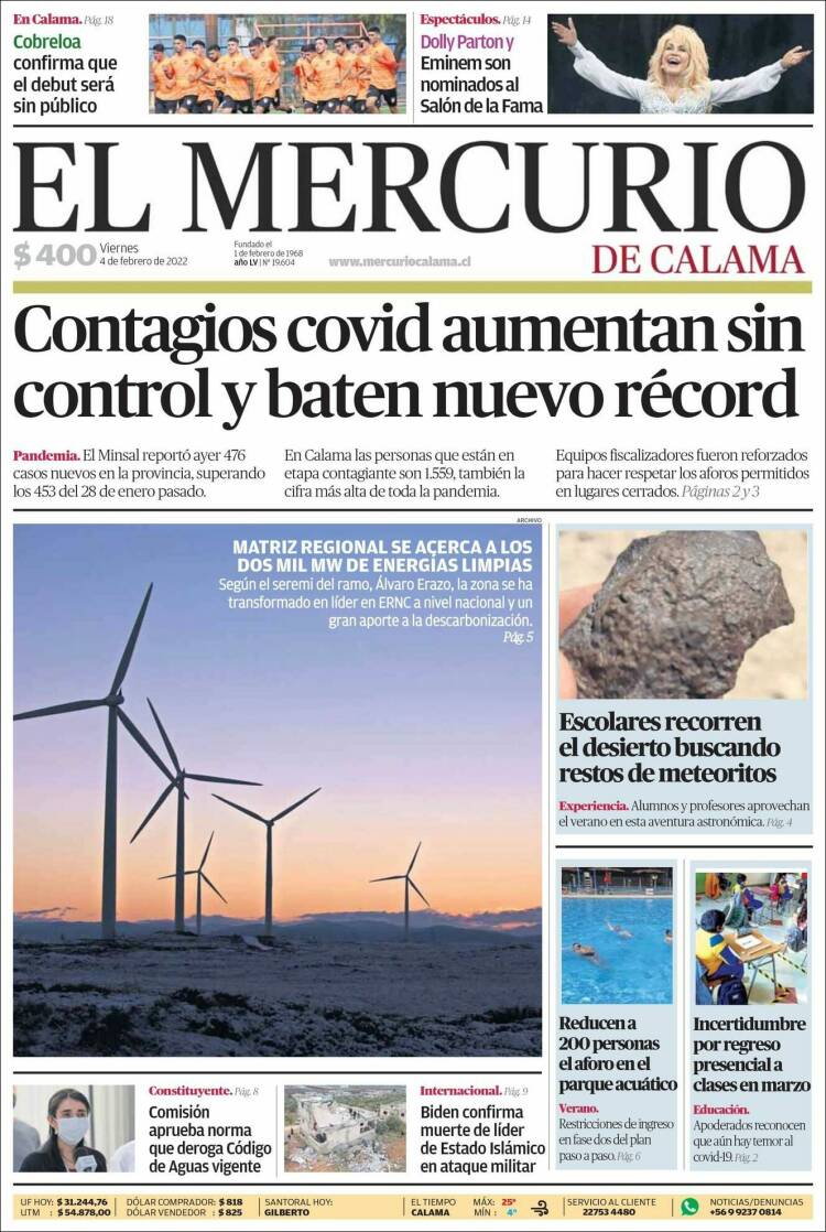 Portada de El Mercurio - Calama (Chile)