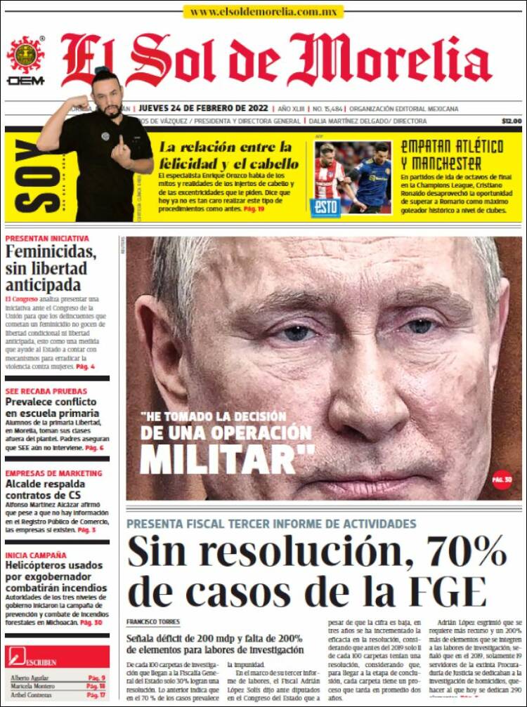 Portada de El Sol de Morelia (México)