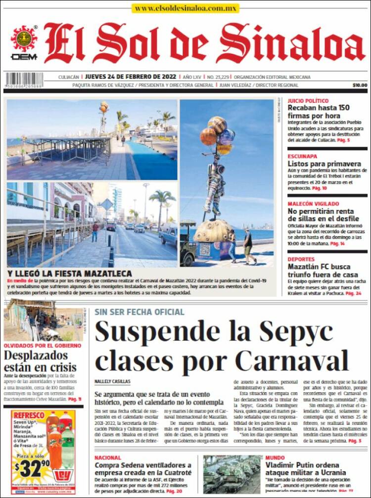 Portada de El Sol de Sinaloa (México)